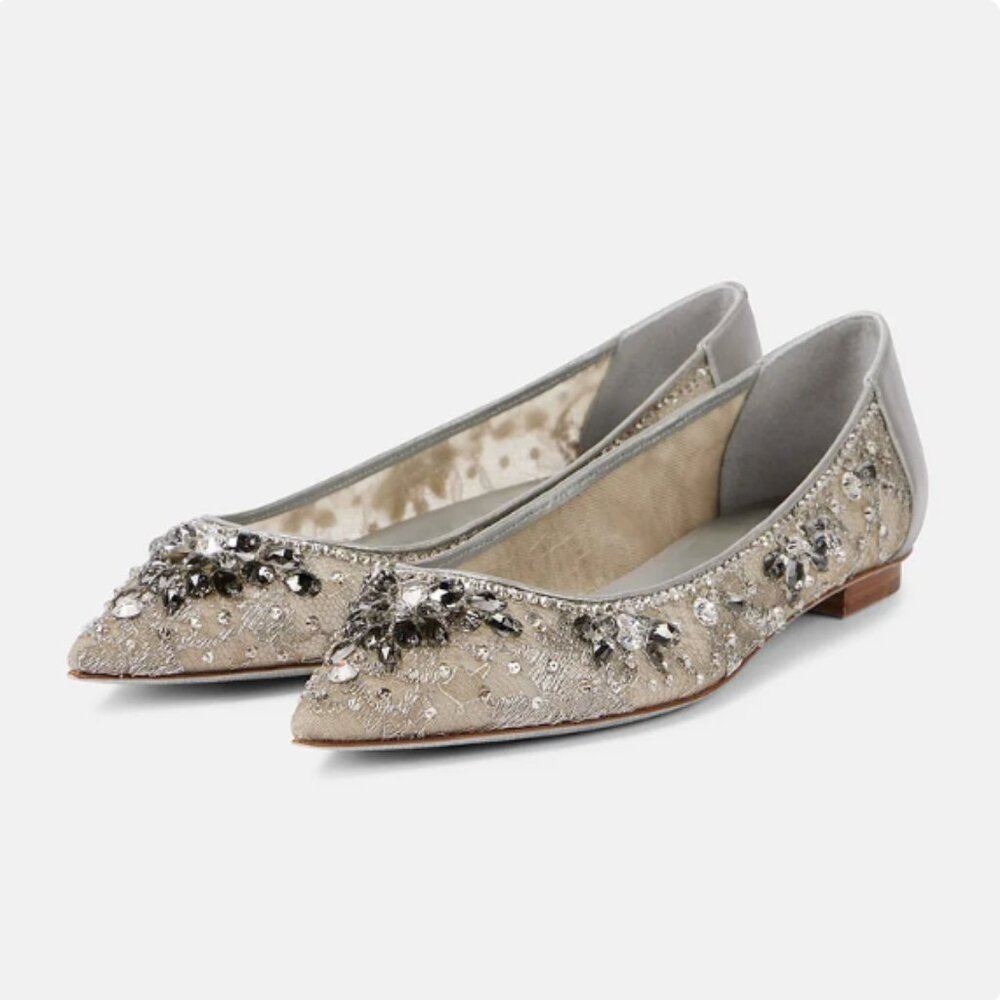 FSJ Silver Pointed Toe Rhinestone Decor Women's Dress Flats